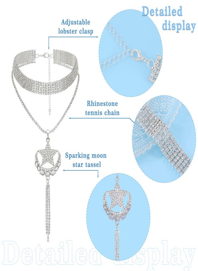 ELABEST Long Rhinestone Choker Necklace Layered Y Moon Necklaces Star Tassel Pendant Chain for Women (Silver-moon star A) - Image 4
