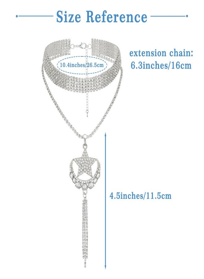 ELABEST Long Rhinestone Choker Necklace Layered Y Moon Necklaces Star Tassel Pendant Chain for Women (Silver-moon star A) - Image 5