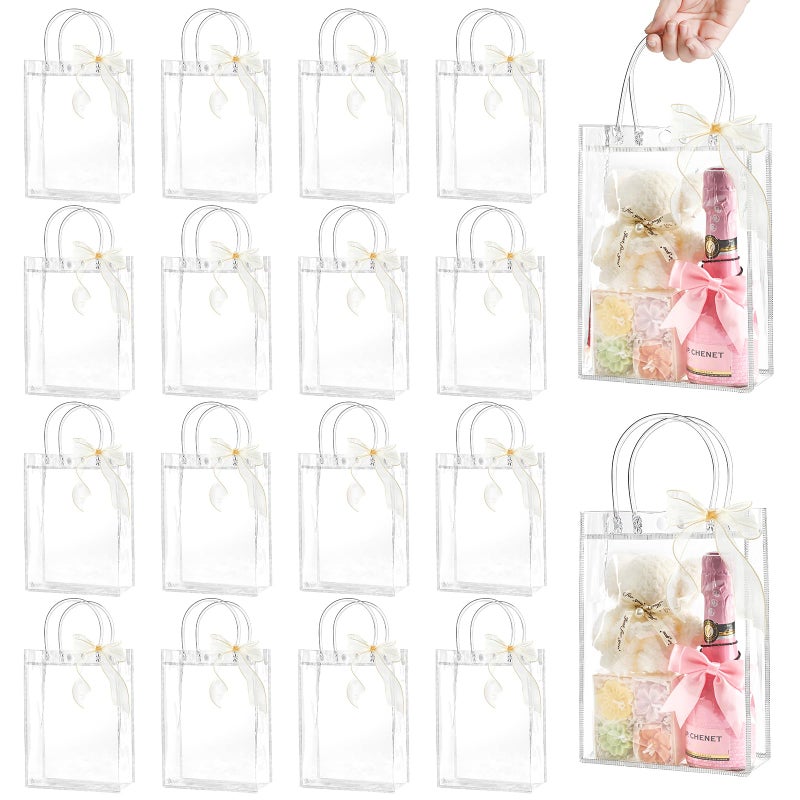 Ohuimrt 24 PCS Clear Plastic Gift Bags with Handles, 9.1 x 6.7 x 2.8 Inches Reusable Party Favor Bags with Ribbon Transparent Gift Wrap Bags Bulk for Weddings Birthdays - Image 1