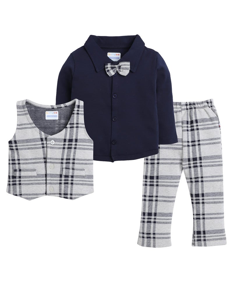 BUMZEE Beige & Navy Boys Full Sleeves Shirt Waistcoat & Pant Set with Applique Bow Age - 0-6 Months (Peb8050B-bge.NBL) - Image 1