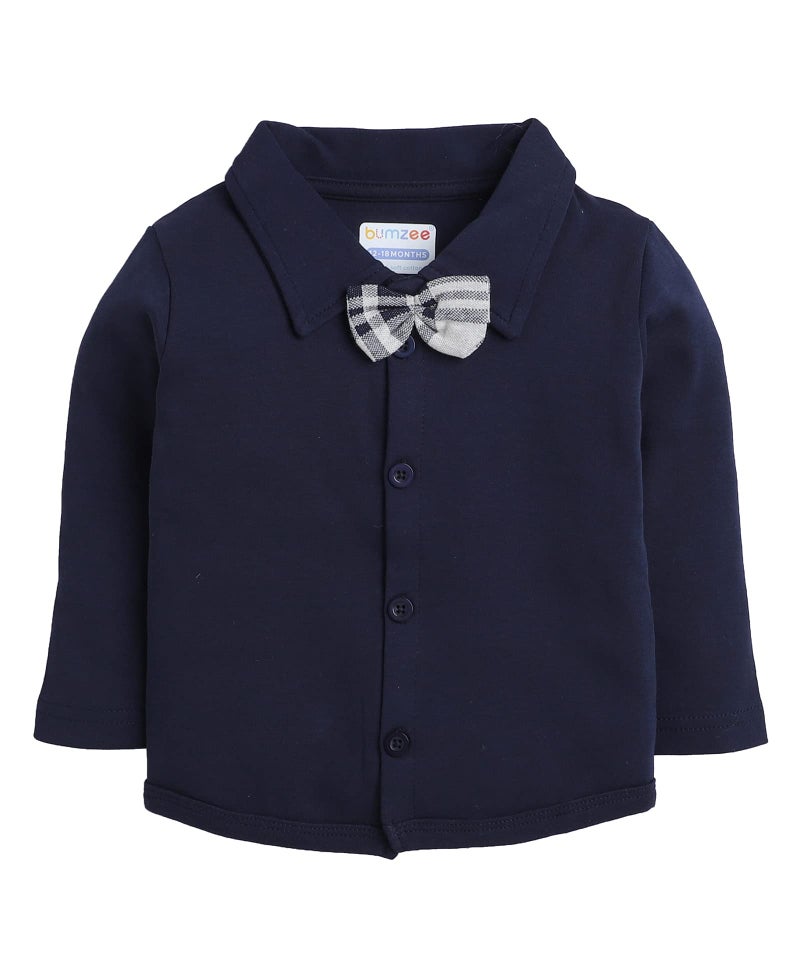 BUMZEE Beige & Navy Boys Full Sleeves Shirt Waistcoat & Pant Set with Applique Bow Age - 0-6 Months (Peb8050B-bge.NBL) - Image 2