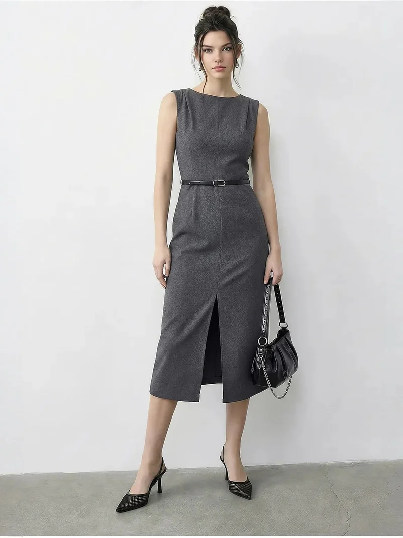 بيانكو لوتشي LUCCI Belted Midi Pencil Dress with Boat Neck