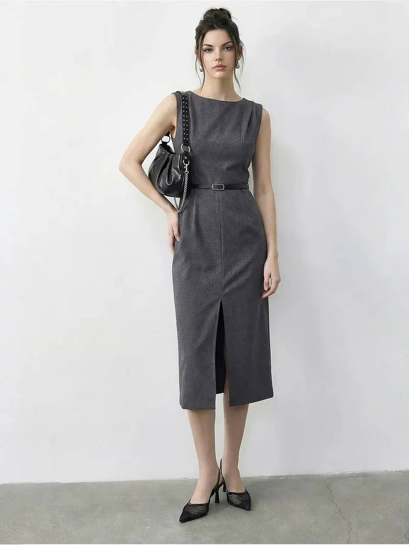 بيانكو لوتشي LUCCI Belted Midi Pencil Dress with Boat Neck