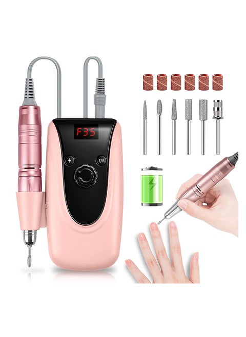 Professional Rechargeable 35000 RPM Nail Drill Machine, Portable Electric Nail File E File for Acrylic Gel Nails, Manicure Pedicure Polishing Tools with Display Screen, Pink