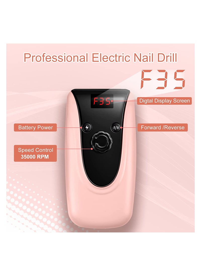 General - Professional Rechargeable 35000 RPM Nail Drill Machine, Portable Electric Nail File E File for Acrylic Gel Nails, Manicure Pedicure Polishing Tools with Display Screen, Pink - Image 1