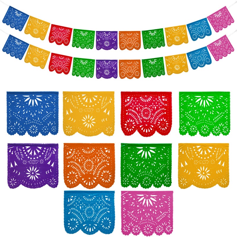 Mexican Party Banners 2 Pack with 10 Plastic Flags per Banner Papel Picado Mexicano para Fiesta Plastic Papel Picado Fiesta Themed Party Decorations Mexican Decor