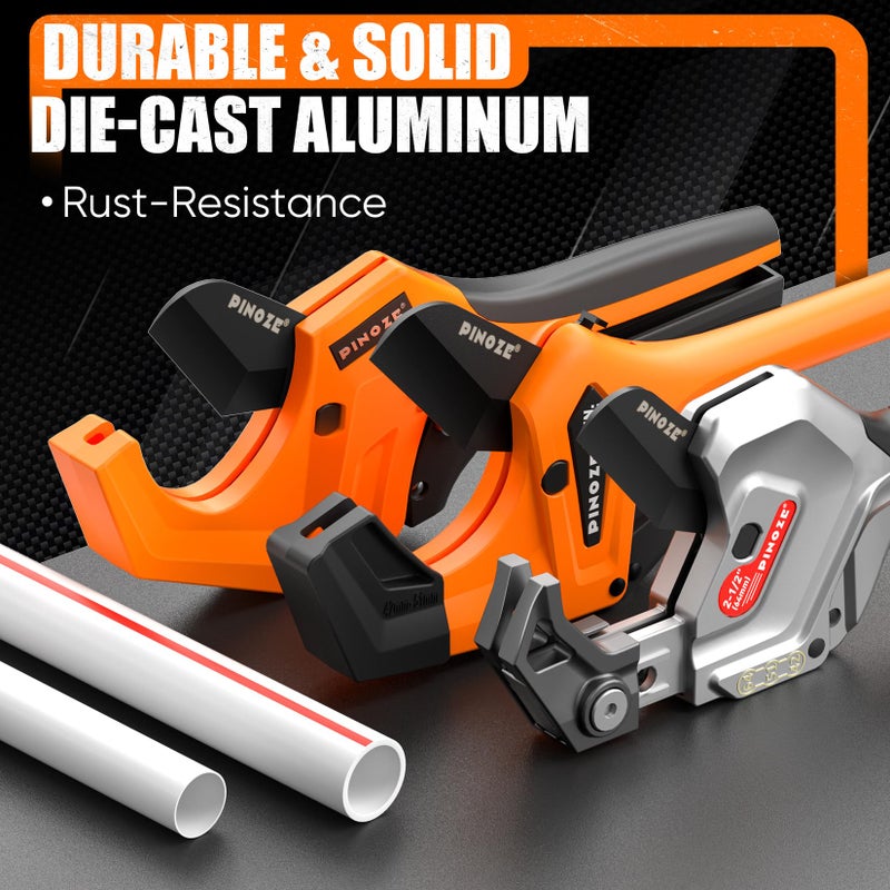 PINOZE PVC Pipe Cutter, 3-Gear Adjustable Cut up to 2-1/2â€, Ratchet Pipe Cutter Tool Heavy-Duty for PVC, PPR, PE, PEX, Plastic Hoses & Plumbing Pipes with Teflon Coated SK5 Blade - Image 5