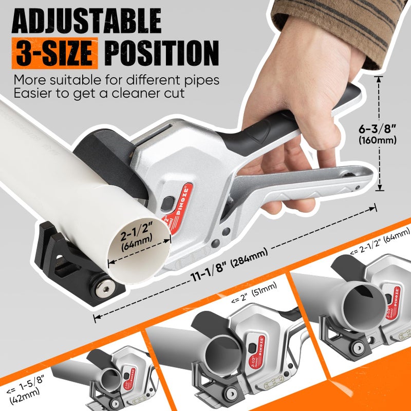 PINOZE PVC Pipe Cutter, 3-Gear Adjustable Cut up to 2-1/2â€, Ratchet Pipe Cutter Tool Heavy-Duty for PVC, PPR, PE, PEX, Plastic Hoses & Plumbing Pipes with Teflon Coated SK5 Blade - Image 2