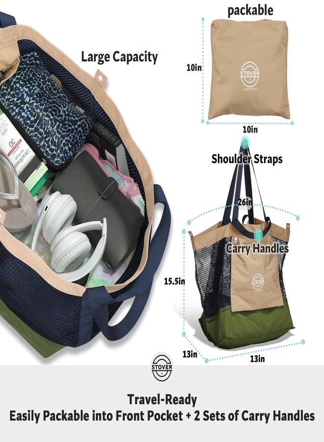 STOVER Large Mesh Tote Beach, Vacation, Shopping and Travel Shoulder Bag with Storage Pouch for Women, Men and Families (ArmyGreen) - Image 4