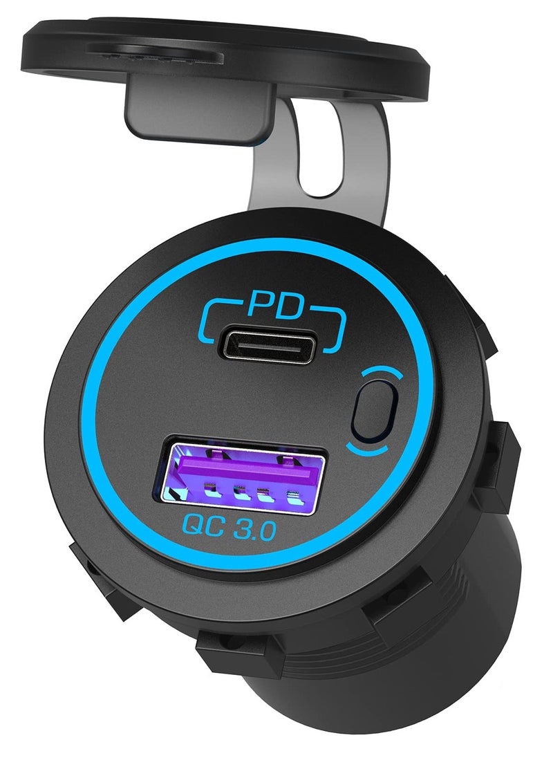 Generic 12V PD 3.0 & Quick USB Car Fast Charger Socket with ON/OFF Switch for 12V/24V Vehicles, Boats, Golf Carts, Marine, RVs, and Motorcycles (Extension Cord Not Included)  - Image 1