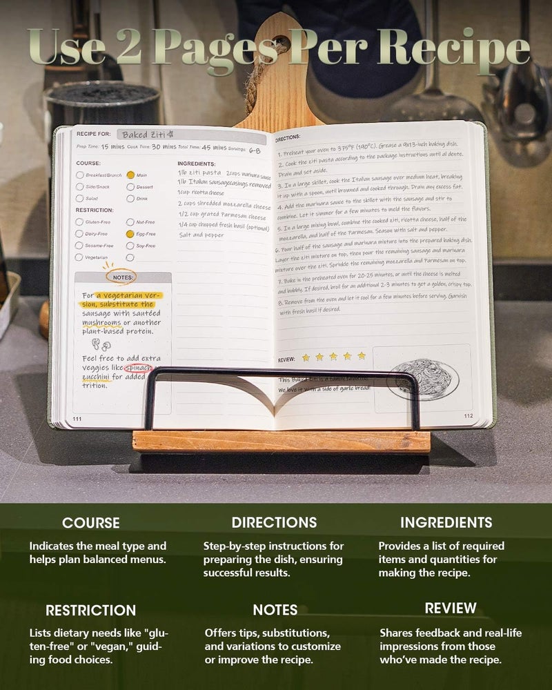 hi!SCI Recipe Book to Write in Your Own Recipes, Blank Recipe Notebook with 192 Pages, 7" x 10" Hardcover Recipe Journal for Family Cooking Lover, Diy Cookbook to Organize Your Recipes(Sage Green) - Image 2