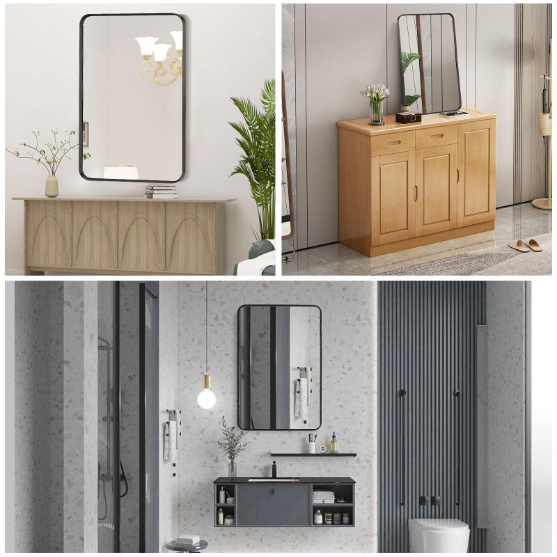 Minuover Wall Mount Mirror for Bathroom, Brushed Black Metal Framed Rounded Corner Rectangular Vanity Mirror (24" x 36", Black) - Image 3