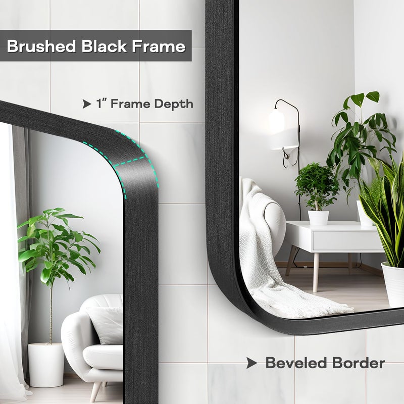 Minuover Wall Mount Mirror for Bathroom, Brushed Black Metal Framed Rounded Corner Rectangular Vanity Mirror (24" x 36", Black) - Image 5