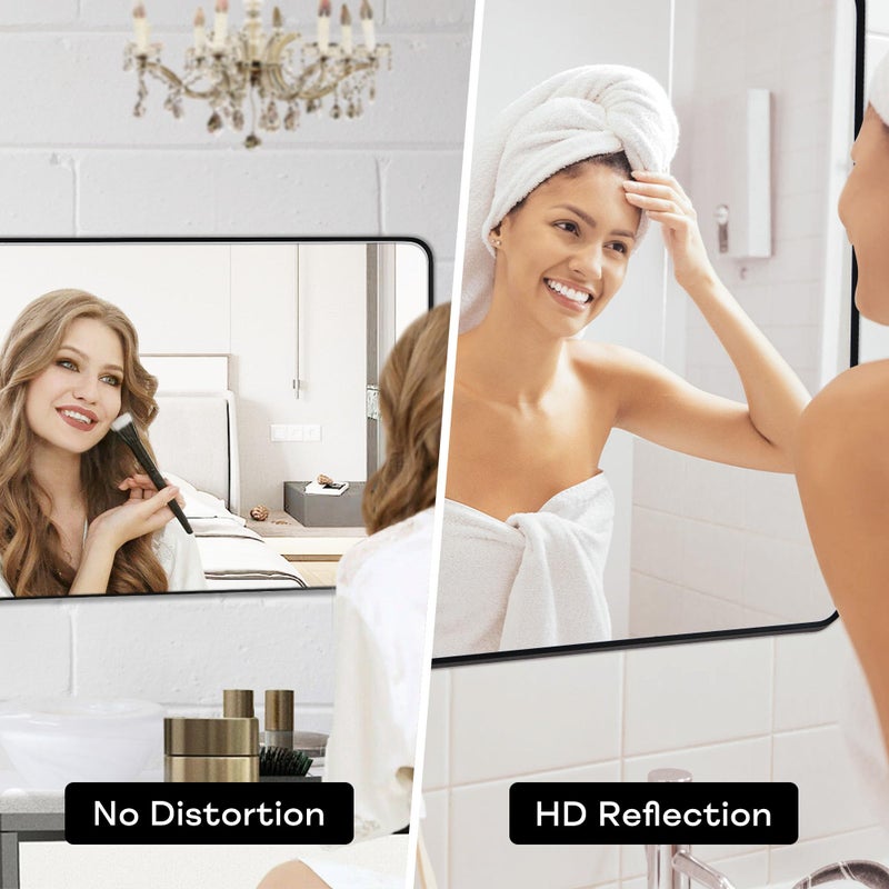 Minuover Wall Mount Mirror for Bathroom, Brushed Black Metal Framed Rounded Corner Rectangular Vanity Mirror (24" x 36", Black) - Image 4