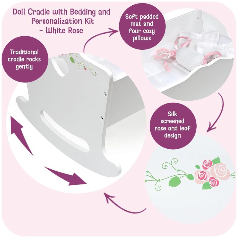 Badger Basket Doll Cradle with Deluxe Bedding  Charming White and Rose Design for 18 to 20Inch Dolls Complete with Personalization Kit and Pillows - Image 3