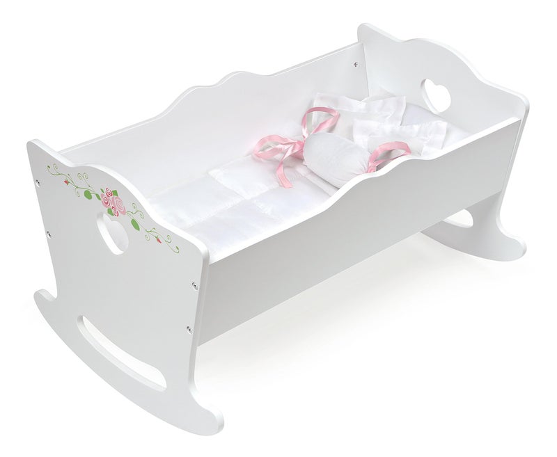 Badger Basket Doll Cradle with Deluxe Bedding  Charming White and Rose Design for 18 to 20Inch Dolls Complete with Personalization Kit and Pillows - Image 2