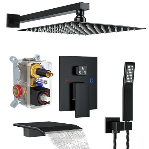 Fatspas Shower System with Tub Spout, Shower Faucet Set with 12 Inch Rain Showerhead Handheld Shower and Tub Spout, Wall Mounted High-Pressure Showerhead Combo Set Included Valve and Trim, Matte Black - Image 1