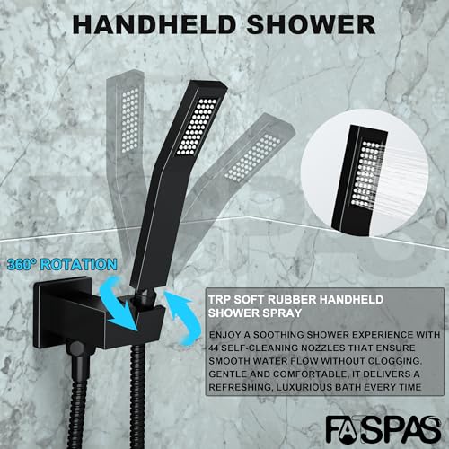 Fatspas Shower System with Tub Spout, Shower Faucet Set with 12 Inch Rain Showerhead Handheld Shower and Tub Spout, Wall Mounted High-Pressure Showerhead Combo Set Included Valve and Trim, Matte Black - Image 3
