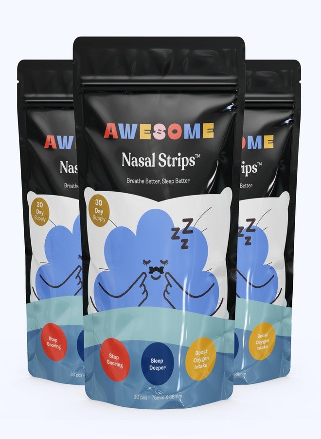AWESOME Nasal Strips for Breathing n Sleep, Drug-Free, Skin-Safe Nose Strips with Long-Lasting Hold to Open Nasal Passages, Improve Airflow n Reduce Snoring_30 Strips_Pack Of 3 - Image 1