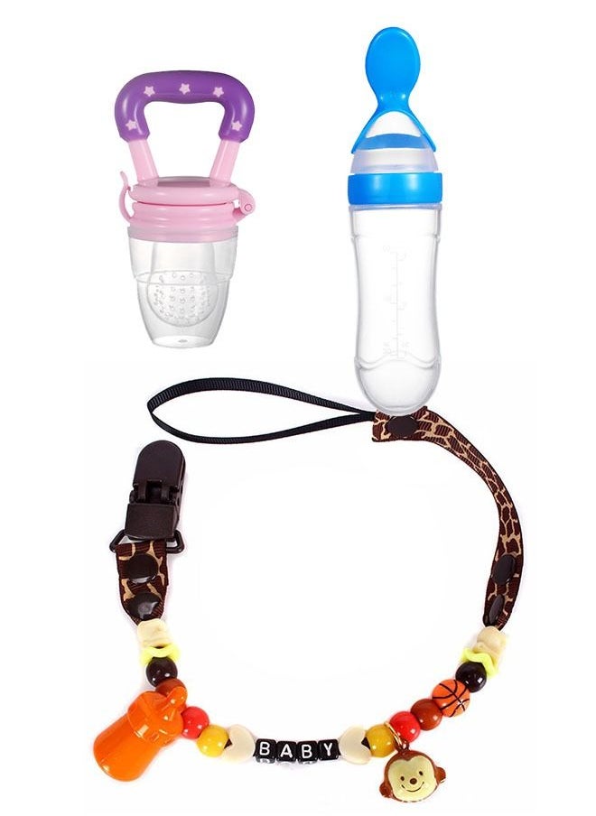 ZCM-HAPPY - 3-Piece Baby Silicone Feeding Accessories, Pacifier Clip Chain, Food Spoon, Food Feeder - Image 1