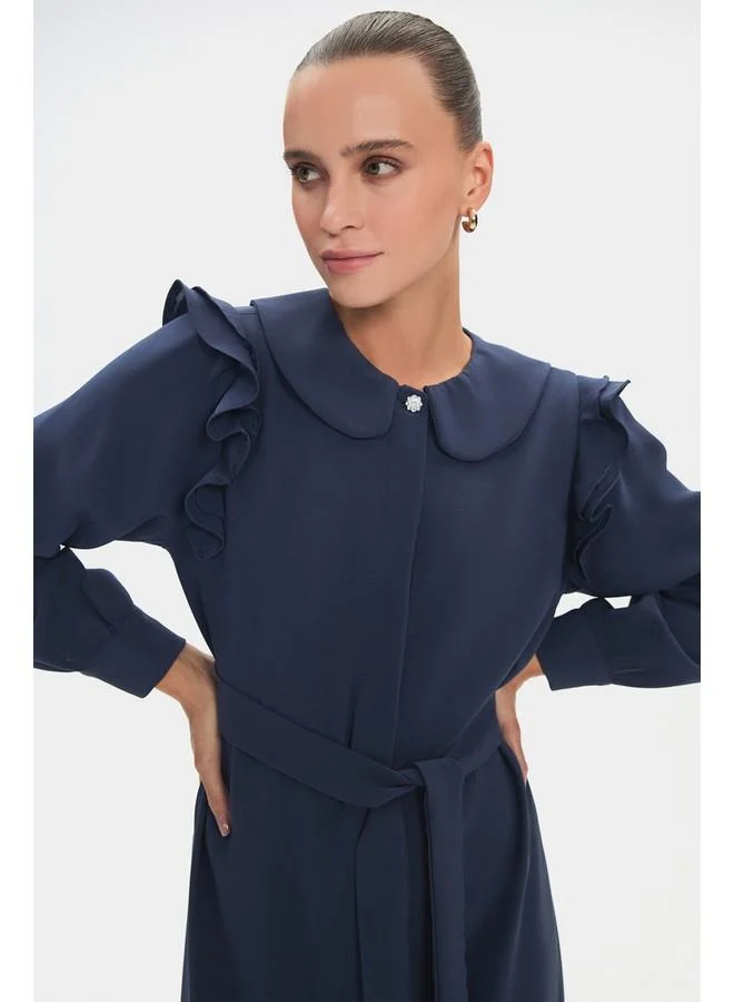 JUNE June Women Baby Collar Ruffle Detailed Belted Dress Indigo