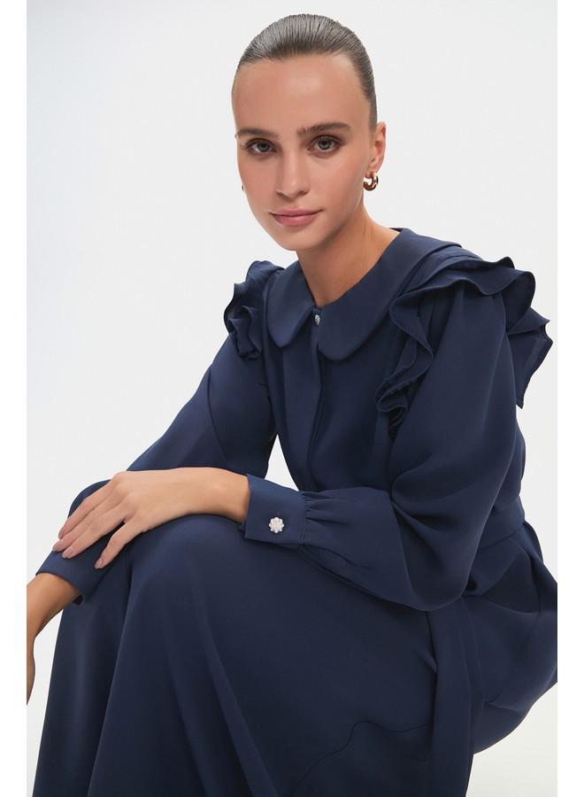 JUNE June Women Baby Collar Ruffle Detailed Belted Dress Indigo - Image 4