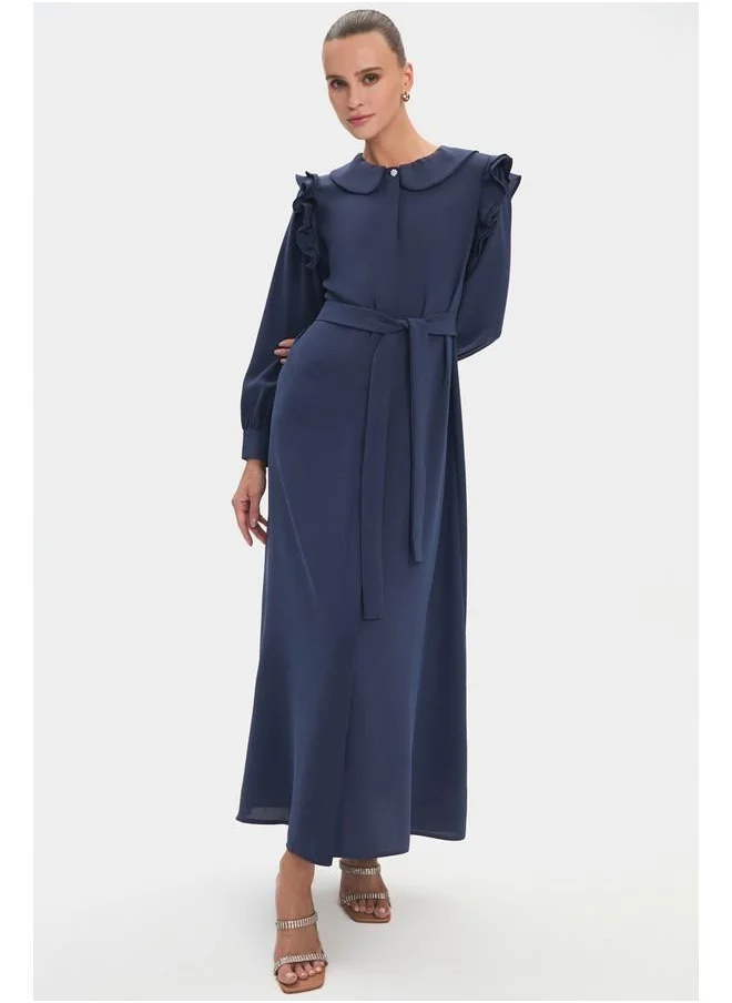 جون June Women Baby Collar Ruffle Detailed Belted Dress Indigo