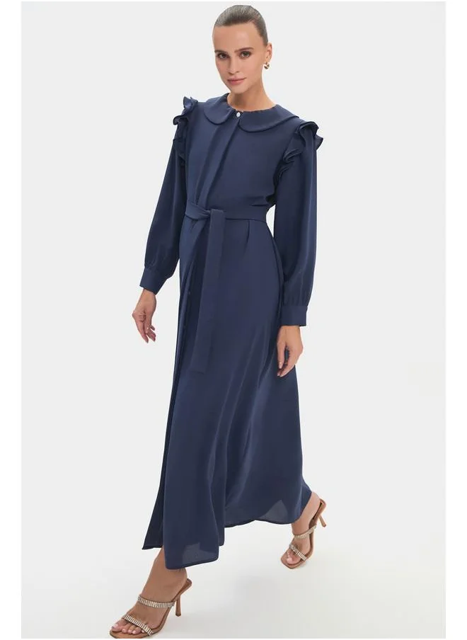 جون June Women Baby Collar Ruffle Detailed Belted Dress Indigo