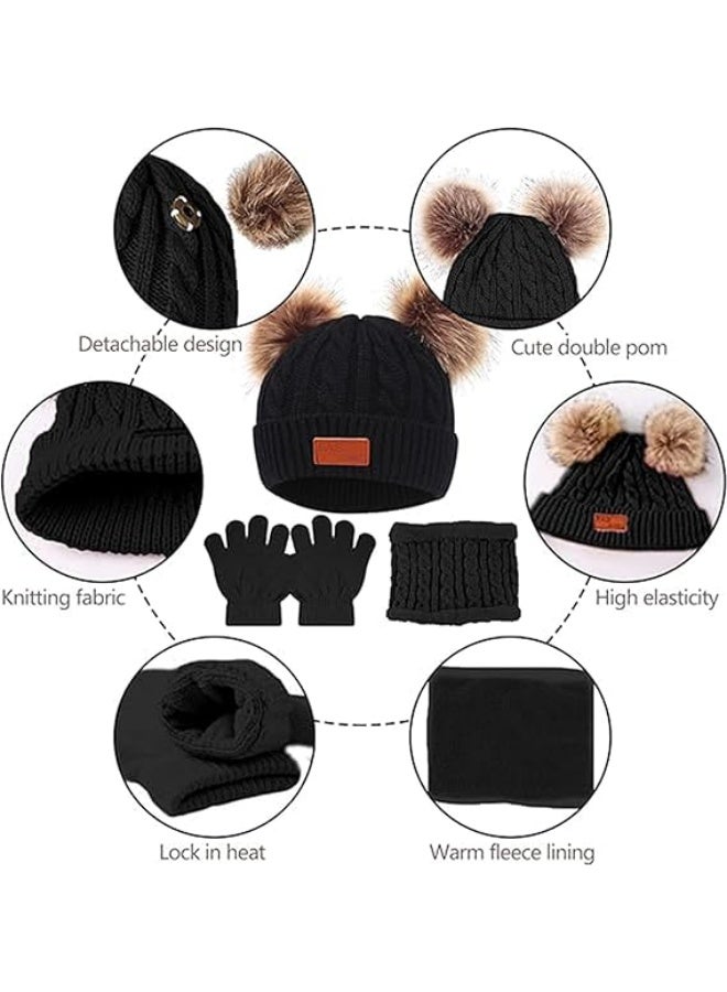AGREON Kids Winter Hat Gloves Scarf Set, Boy Girls Toddler Children Hats Beanie with Pom Knit Neck Warmer Gaiter Mittens Fleece Lined Set for Children 2-5 Years, Black - Image 3
