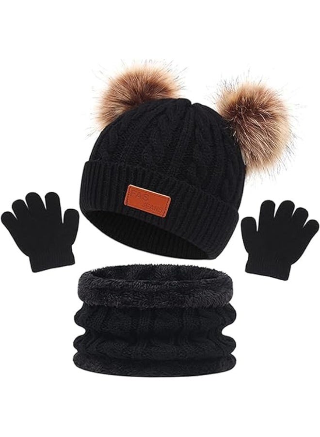 AGREON Kids Winter Hat Gloves Scarf Set, Boy Girls Toddler Children Hats Beanie with Pom Knit Neck Warmer Gaiter Mittens Fleece Lined Set for Children 2-5 Years, Black - Image 1