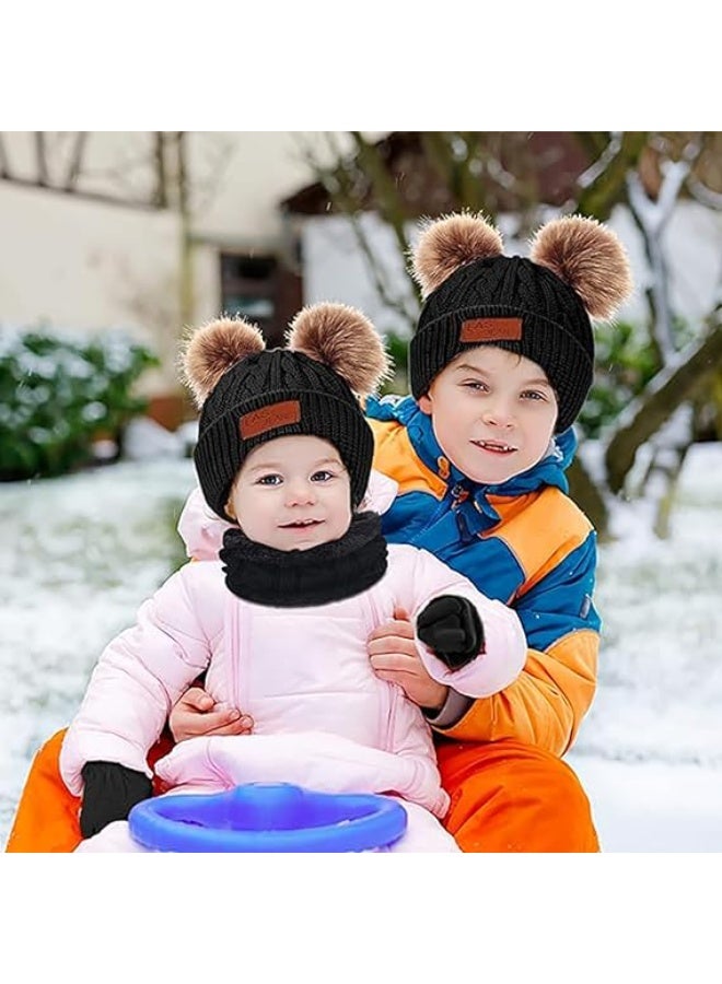 AGREON Kids Winter Hat Gloves Scarf Set, Boy Girls Toddler Children Hats Beanie with Pom Knit Neck Warmer Gaiter Mittens Fleece Lined Set for Children 2-5 Years, Black - Image 4