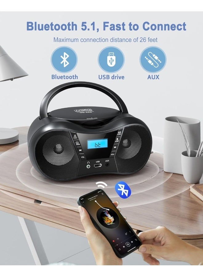 Jubilin CD Player Boombox with FM Radio,Bluetooth 5.1,Clear Sound,LCD Display,USB/AUX Input,AC/Battery Powered,CD/CD-R/CD-RW Compatible,3.5mm Headphone Jack,Sleep Timer for Home,Seniors,Kids - Image 3