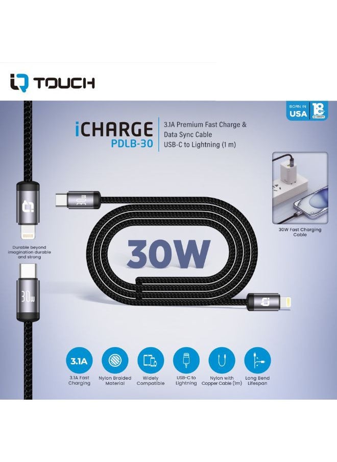 IQ TOUCH IQ TOUCH 1M Type-C to Lightning Cable – 30W Fast Charging, 3.1A, Nylon Braided, Durable & Tangle-Free, Data Sync, Long Bend Life, Widely Compatible – Black  - Image 3