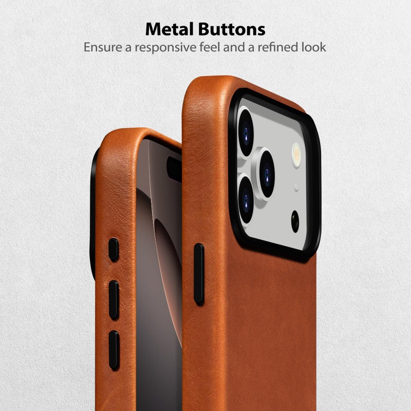 Belemay Handcrafted Full-Grain Vegetable-Tanned Leather Case for iPhone 17 Pro Max, Compatible with MagSafe, Two-Tone Effect, Natural Patina, Camera Control Button, Metal Buttons (6.9"), Saddle Brown - Image 4