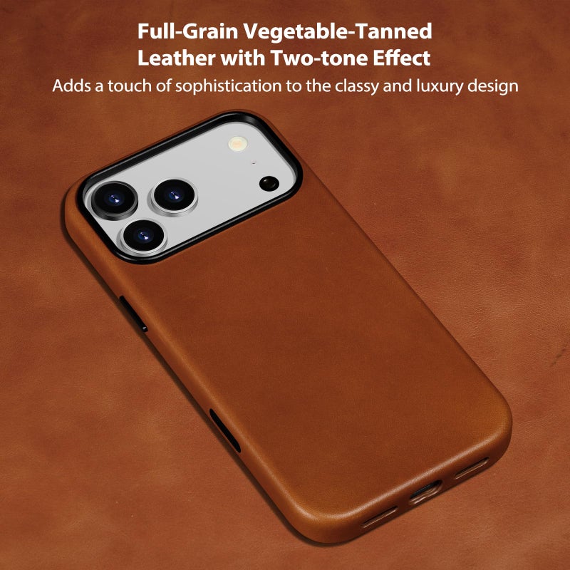 Belemay Handcrafted Full-Grain Vegetable-Tanned Leather Case for iPhone 17 Pro Max, Compatible with MagSafe, Two-Tone Effect, Natural Patina, Camera Control Button, Metal Buttons (6.9"), Saddle Brown - Image 2