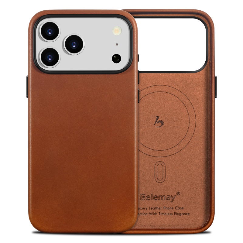 Belemay Handcrafted Full-Grain Vegetable-Tanned Leather Case for iPhone 17 Pro Max, Compatible with MagSafe, Two-Tone Effect, Natural Patina, Camera Control Button, Metal Buttons (6.9"), Saddle Brown - Image 1