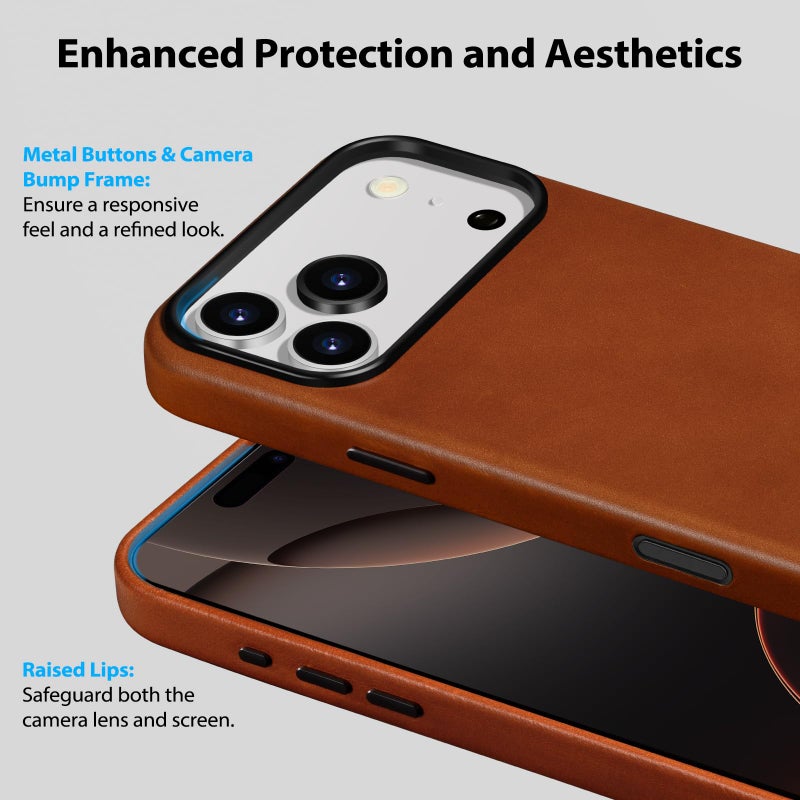 Belemay Handcrafted Full-Grain Vegetable-Tanned Leather Case for iPhone 17 Pro Max, Compatible with MagSafe, Two-Tone Effect, Natural Patina, Camera Control Button, Metal Buttons (6.9"), Saddle Brown - Image 5