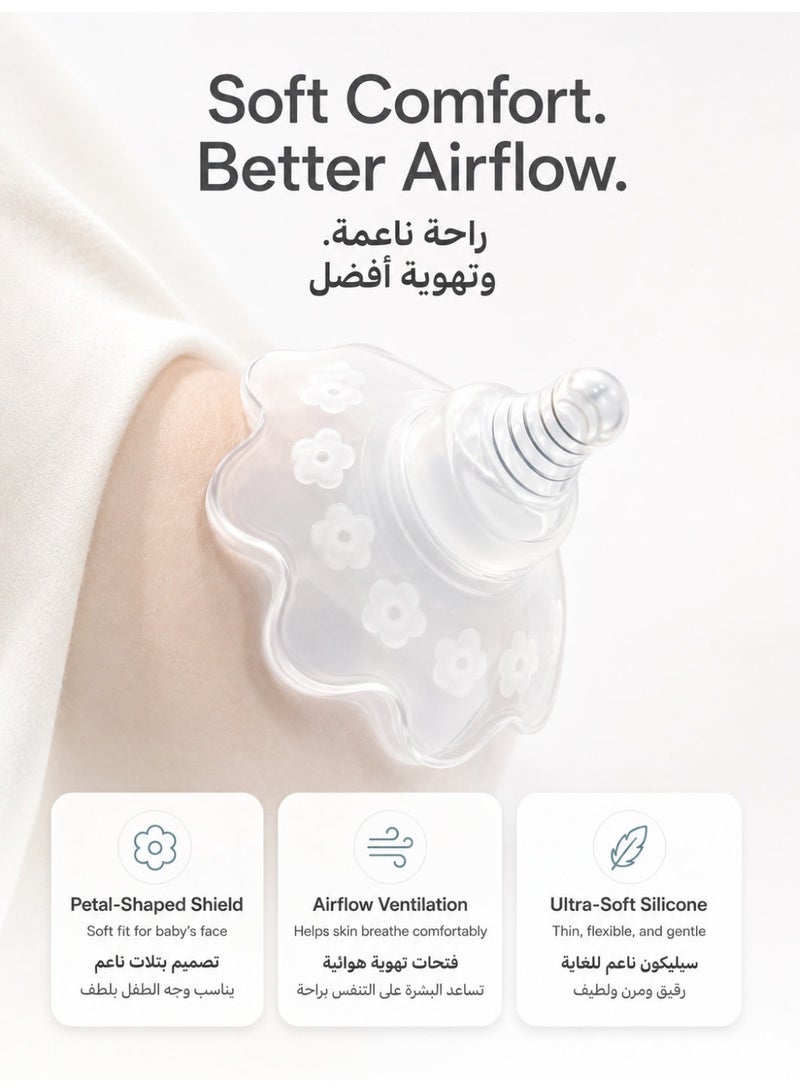 موميلو واقي حلمة سيليكون ممتاز للرضاعة الطبيعية – واقٍ فائق النعومة بتصميم زهرة مع فتحة تدفق متغيرة على شكل (+)، خالٍ من BPA، لدعم الرضاعة وتخفيف آلام الحلمة المسطحة أو المتشققة - Image 3