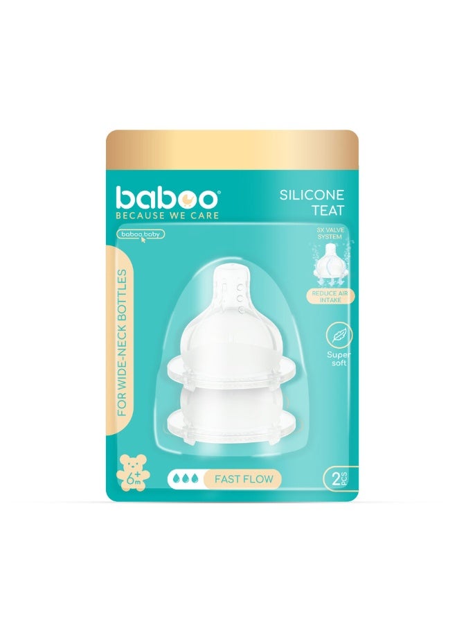 Baboo حلمة سيليكون مضادة للمغص مع 3 صمامات - عنق واسع - تدفق سريع - +6 أشهر - 2 قطعة - Image 1