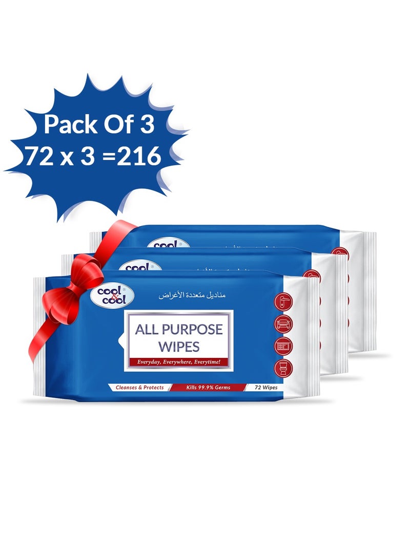 Cool & Cool Cool & Cool All Purpose Wipes 72's(Pack of 3) - Cleanses & Protects,Kills 99.9% Germs, Disinfectant, Stain Removal & Travel Friendly 216 Wipes - Image 1