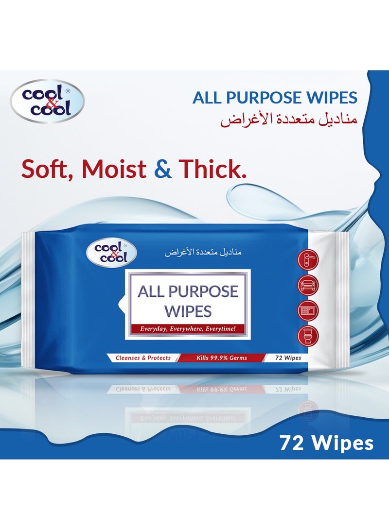 Cool & Cool Cool & Cool All Purpose Wipes 72's(Pack of 3) - Cleanses & Protects,Kills 99.9% Germs, Disinfectant, Stain Removal & Travel Friendly 216 Wipes - Image 2