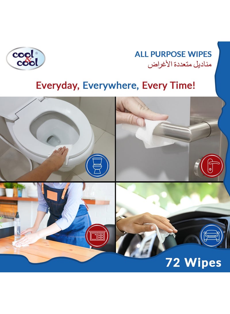 Cool & Cool Cool & Cool All Purpose Wipes 72's(Pack of 3) - Cleanses & Protects,Kills 99.9% Germs, Disinfectant, Stain Removal & Travel Friendly 216 Wipes - Image 3