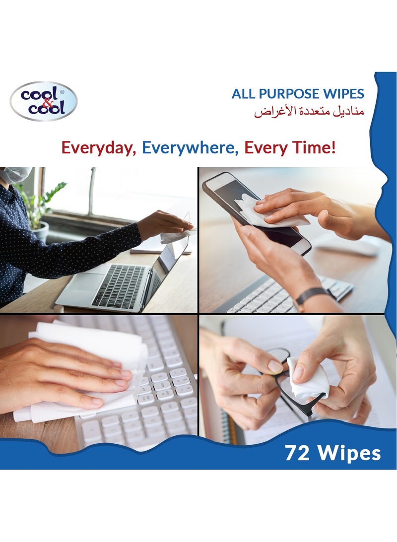 Cool & Cool Cool & Cool All Purpose Wipes 72's(Pack of 3) - Cleanses & Protects,Kills 99.9% Germs, Disinfectant, Stain Removal & Travel Friendly 216 Wipes - Image 5