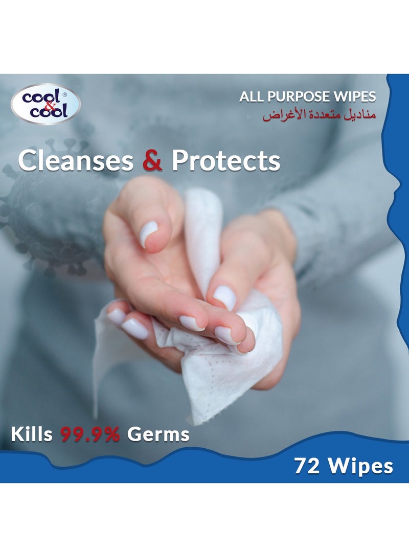 Cool & Cool Cool & Cool All Purpose Wipes 72's(Pack of 3) - Cleanses & Protects,Kills 99.9% Germs, Disinfectant, Stain Removal & Travel Friendly 216 Wipes - Image 4