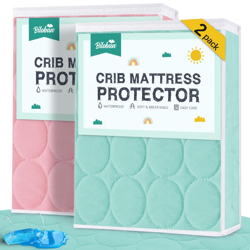Biloban Crib Mattress Protector Sheets Waterproof 2 Pack, Quilted Crib Mattress Pad Cover Fitted Fits for Baby Toddler Bed Mattress, Aqua & Pink, 52” x 28” - Image 1