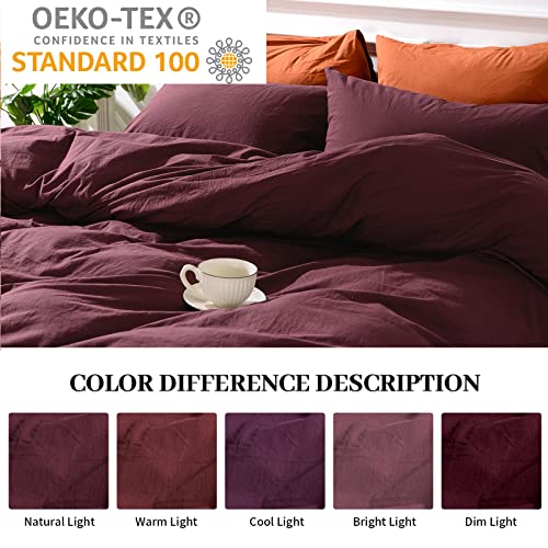 NEXHOME PRO Duvet Cover Set Queen Size Linen Look Textured 100% Washed Cotton Duvet Cover Burgundy Dark Red 3 Pieces Bedding Set with Zipper Closure,Breathable, Soft Organic Natural(No Comforter) - Image 4