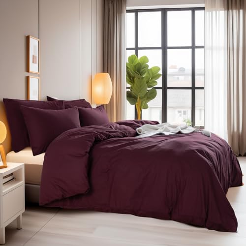 NEXHOME PRO Duvet Cover Set Queen Size Linen Look Textured 100% Washed Cotton Duvet Cover Burgundy Dark Red 3 Pieces Bedding Set with Zipper Closure,Breathable, Soft Organic Natural(No Comforter) - Image 3