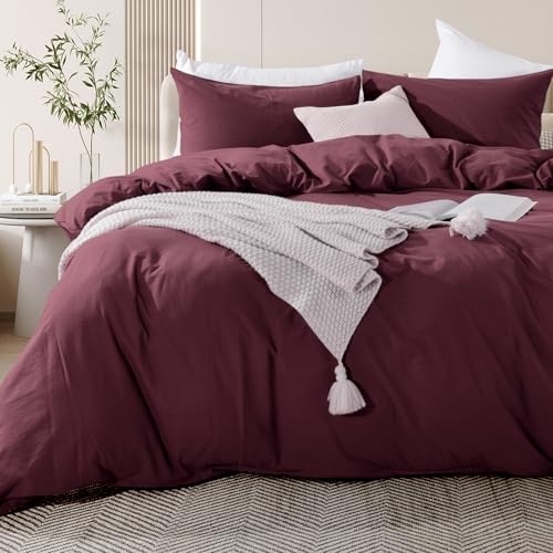 NEXHOME PRO Duvet Cover Set Queen Size Linen Look Textured 100% Washed Cotton Duvet Cover Burgundy Dark Red 3 Pieces Bedding Set with Zipper Closure,Breathable, Soft Organic Natural(No Comforter) - Image 5