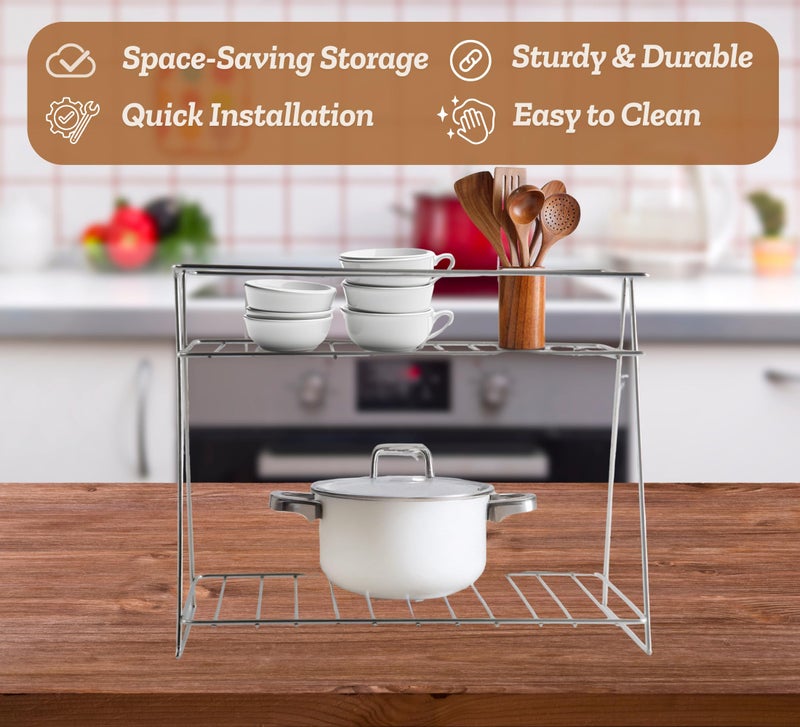 Niyara Stainless Steel Kitchen Stand, Kitchen Organizer 2-Tier Basket For Multistorage/Multipurpose Uses, Standing Shelf Rack For Home & Kitchen, Countertop, Tabletop (2- Tier Steel Rack) - Image 3