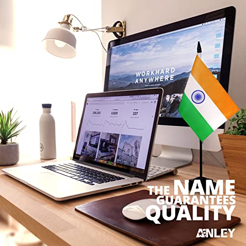 Anley India Deluxe Desk Flag Set - 6 x 4 Inch Miniature Indian Desktop Flag with 12" Solid Pole - Vivid Color and Fade Resistant - Black Base and Spear Top - Image 2